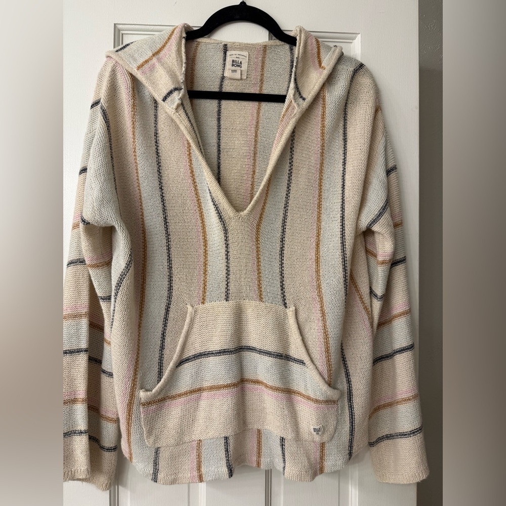 Billabong Cream Knit Hoodie with Navy and Mustard Stripes